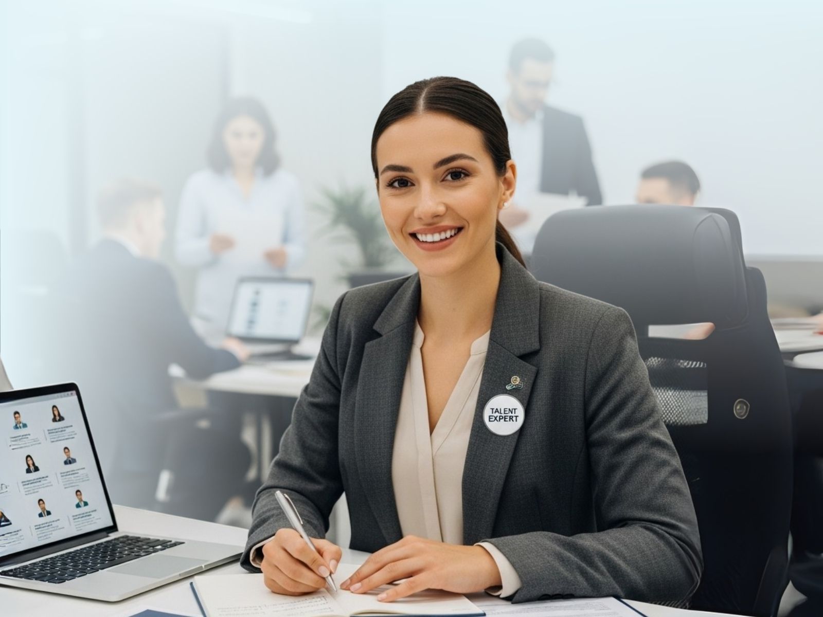 Reclutadora sonriente escribiendo en su cuaderno, con un laptop mostrando perfiles de candidatos, en una oficina moderna de reclutamiento.