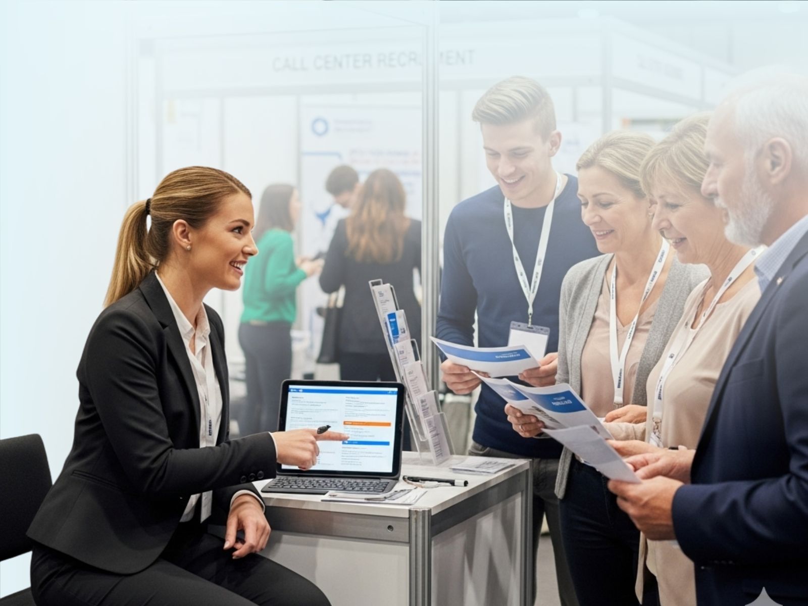 Reclutadora en un stand de reclutamiento para call center, mostrando un laptop a un grupo de candidatos, que representa la selección de personal.