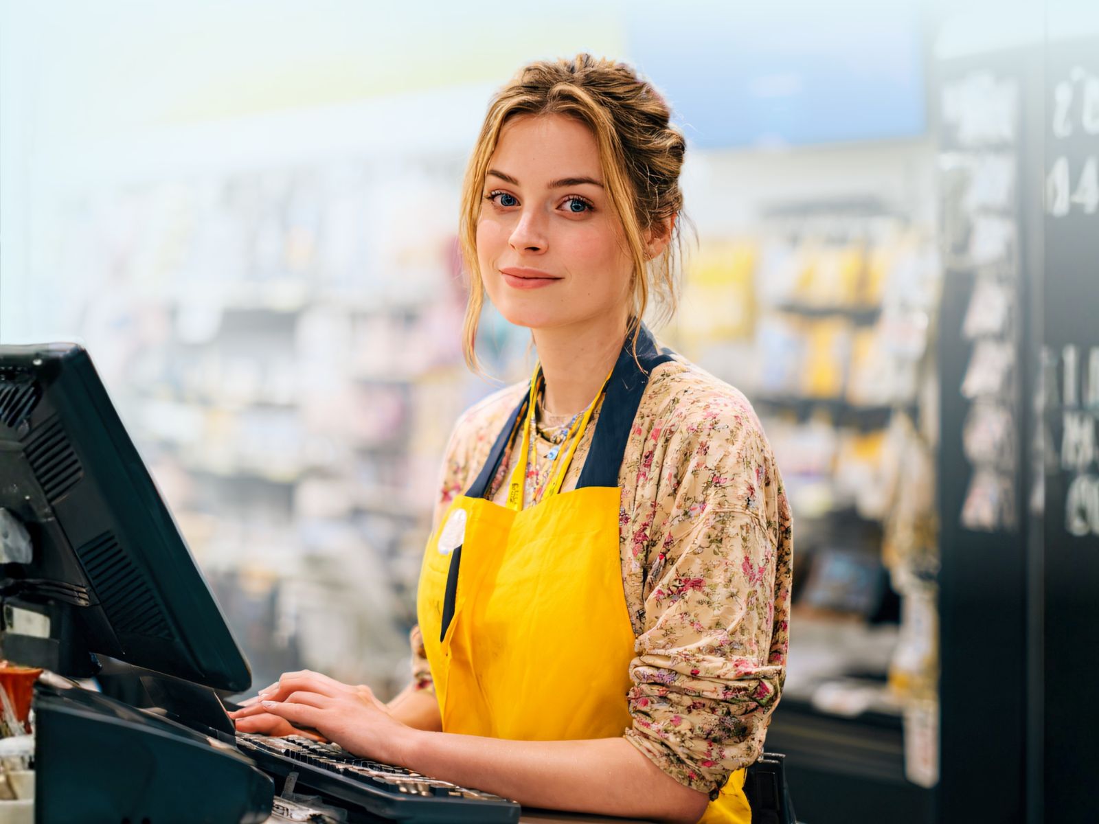 Cajera o vendedora de retail con un delantal amarillo, sonriendo mientras opera la caja registradora o terminal de punto de venta.