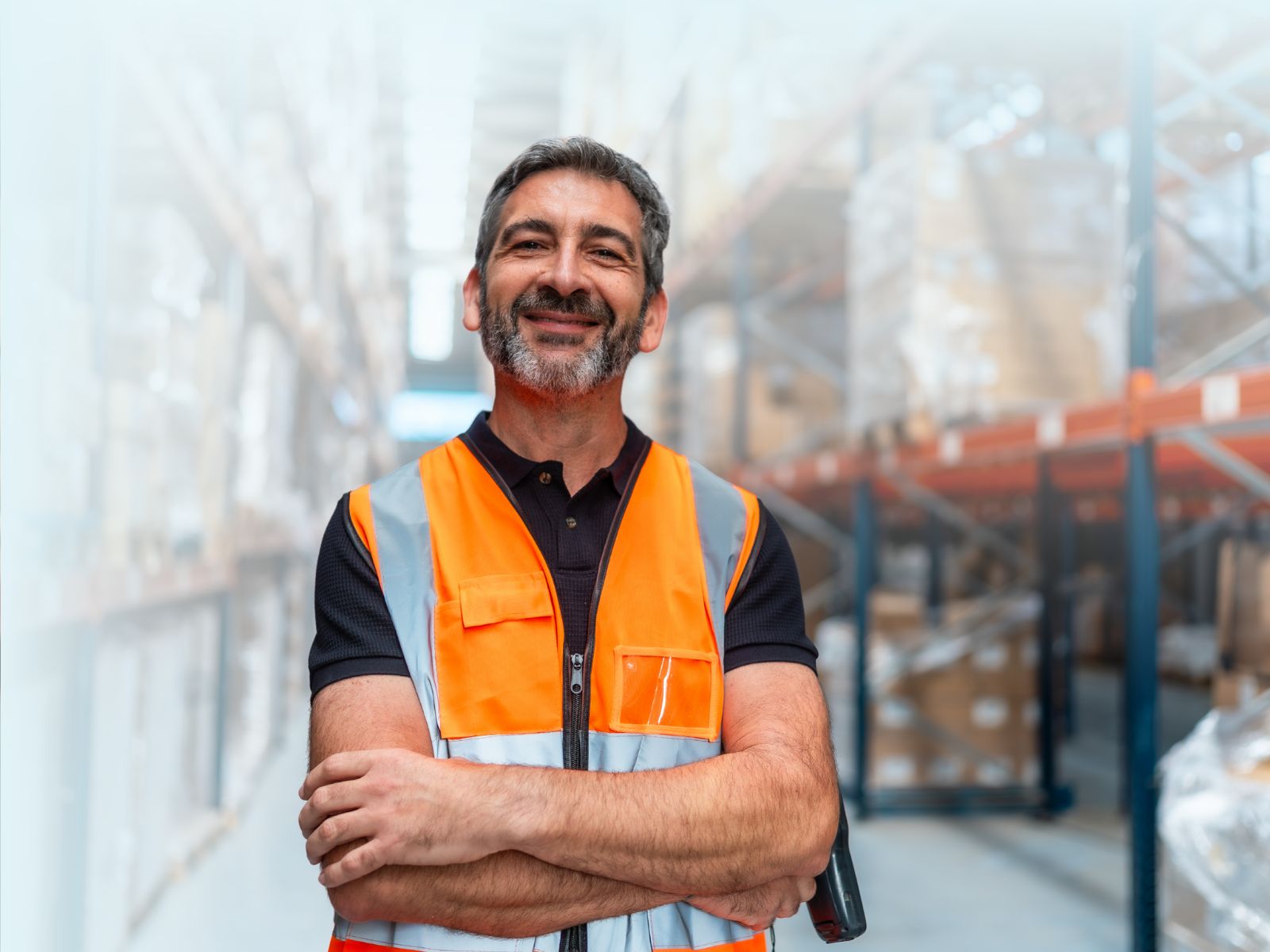 Almacenista experimentado o supervisor logístico sonriendo con chaleco de seguridad naranja y brazos cruzados en un centro de distribución.