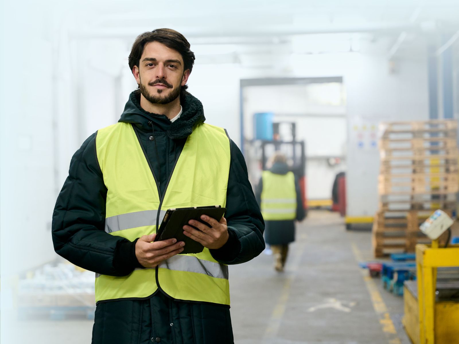 Almacenista experto o supervisor logístico sonriendo con chaleco de seguridad naranja y brazos cruzados en un centro de distribución o almacén.